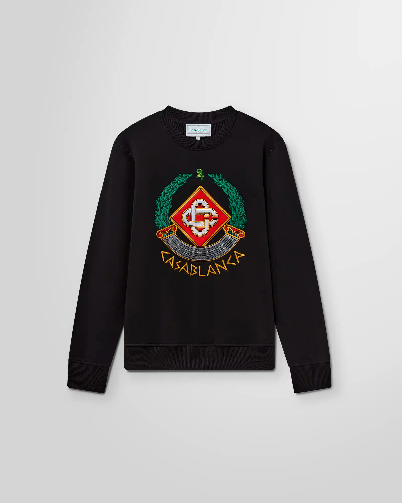 Front view of the Casa Crest Sweatshirt by Casablanca, crafted from organic cotton with multicolored embroidery.