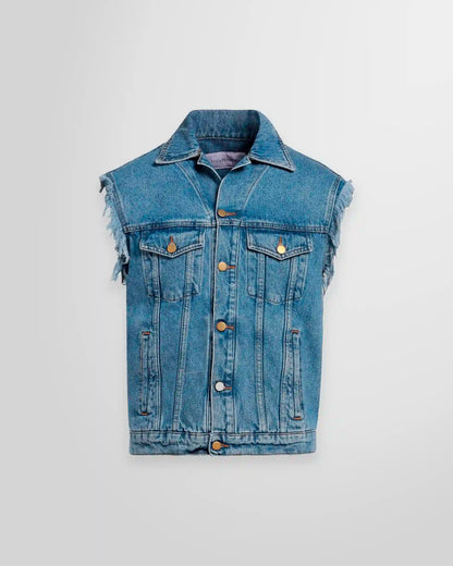 Close-up of button fastenings and classic collar on the Acid Washed Denim Vest by Luca Ferreira.